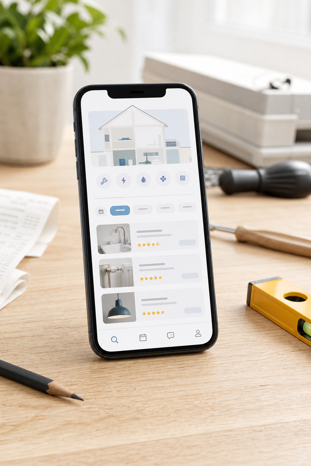 Smartphone met een originele boekingsinterface op een werkbank