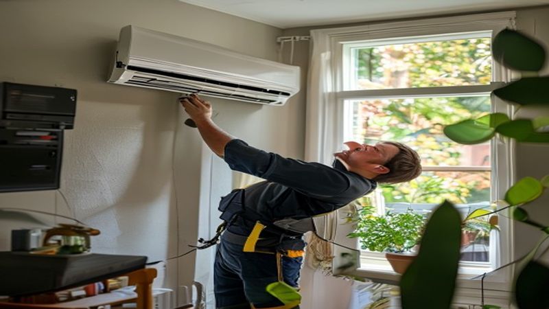 AI-impressie van mobiele airco aansluiten door een airco installateur