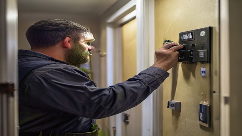 AI-impressie van paniekknop installeren door een alarmsysteem installateur