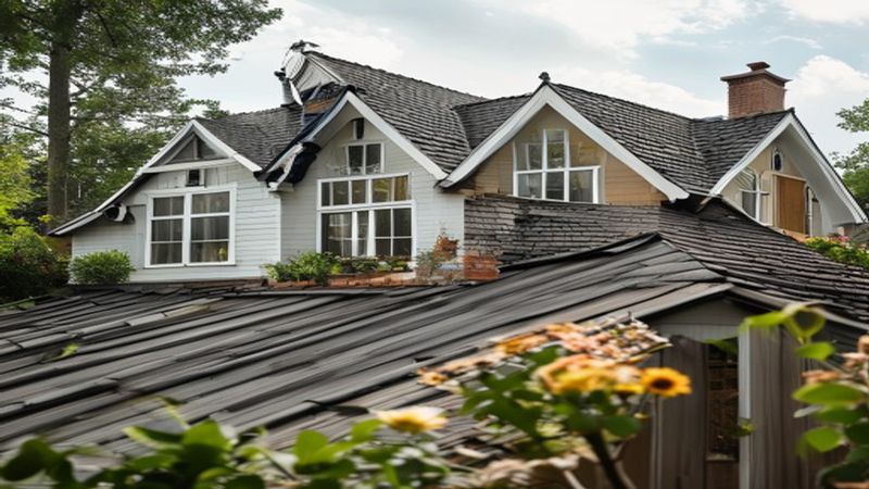 AI-impressie van stormschade herstellen door een dakdekker