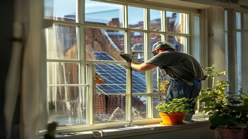 AI-impressie van zonnepanelen reinigen door een glazenwasser