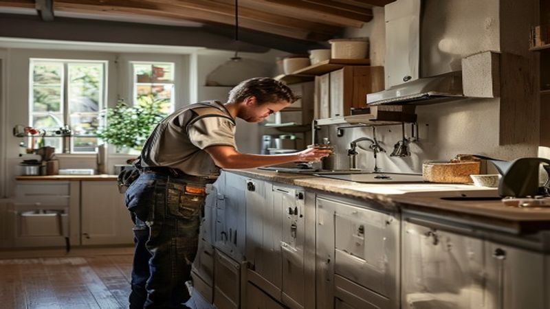 AI-impressie van afzuigkap monteren door een keukenmonteur
