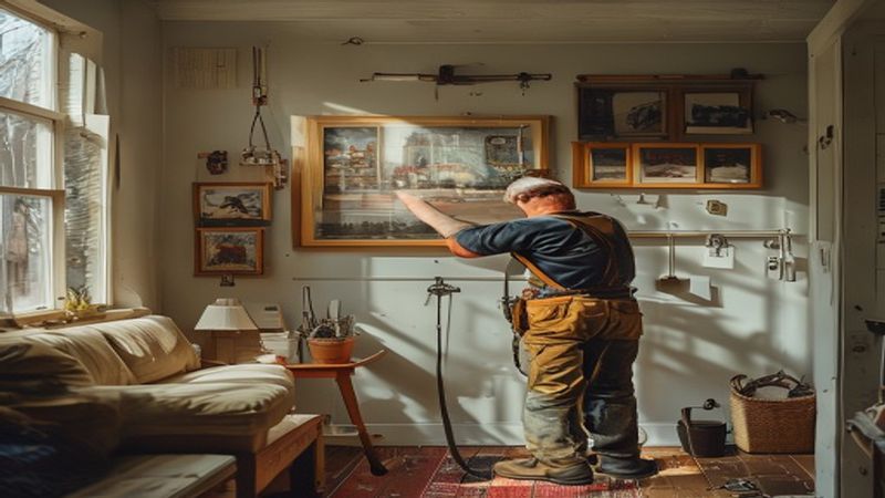 AI-impressie van schilderij/spiegel ophangen door een klusser