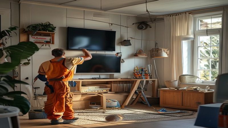 AI-impressie van tv ophangen door een klusser