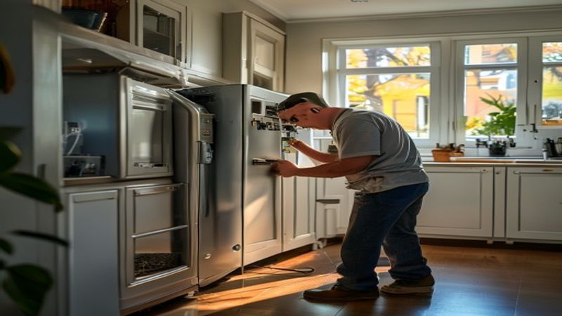 AI-impressie van diepvriesstoring verhelpen door een koeltechniek monteur