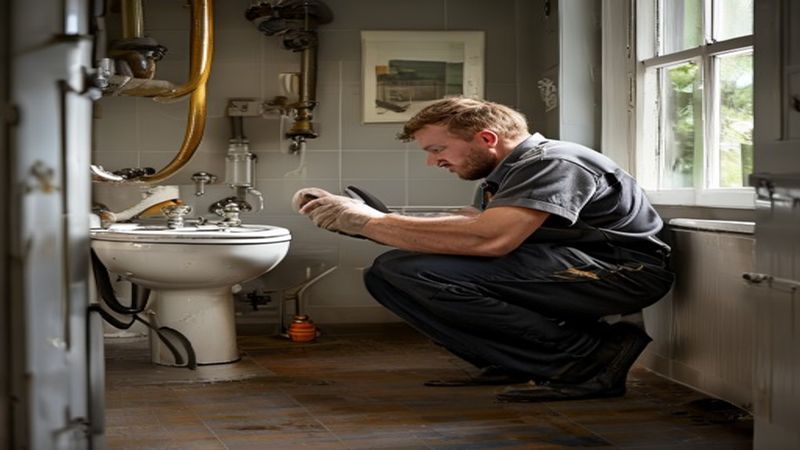 AI-impressie van toilet repareren door een loodgieter
