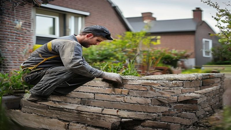AI-impressie van tuinmuur bouwen door een metselaar