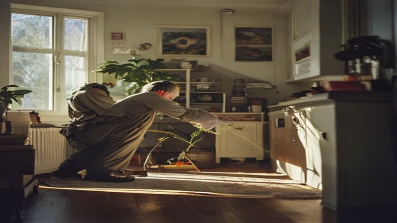 AI-impressie van kakkerlakken aanpakken door een ongediertebestrijder