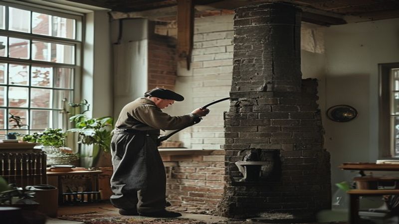 AI-impressie van schoorsteenkap plaatsen door een schoorsteenveger