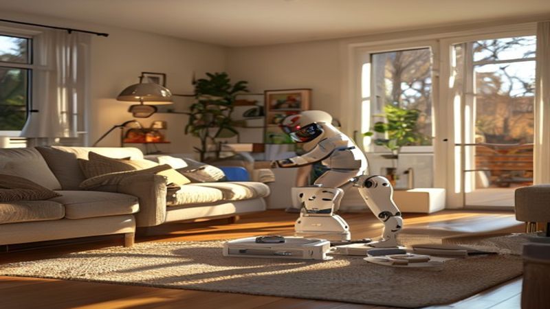 AI-impressie van robotstofzuiger instellen door een smart home specialist