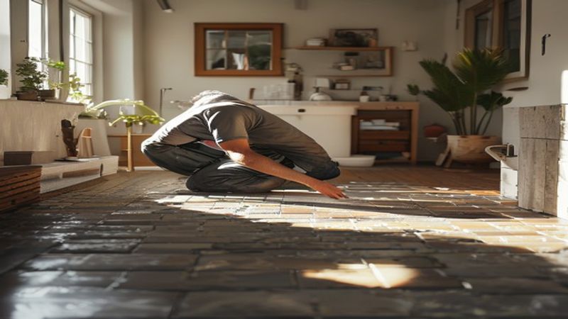 AI-impressie van natuursteen leggen door een tegelzetter