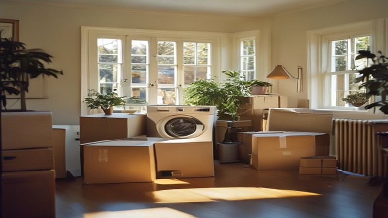 AI-impressie van wasmachine tillen door een verhuisbedrijf