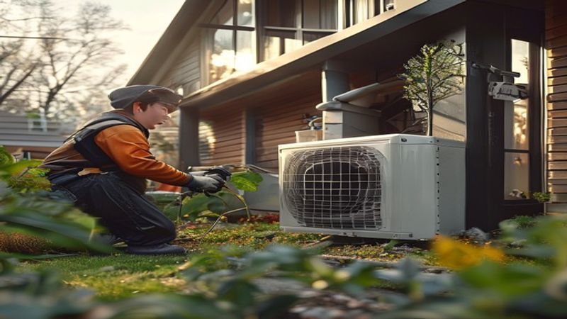 AI-impressie van onderhoud door een warmtepomp specialist